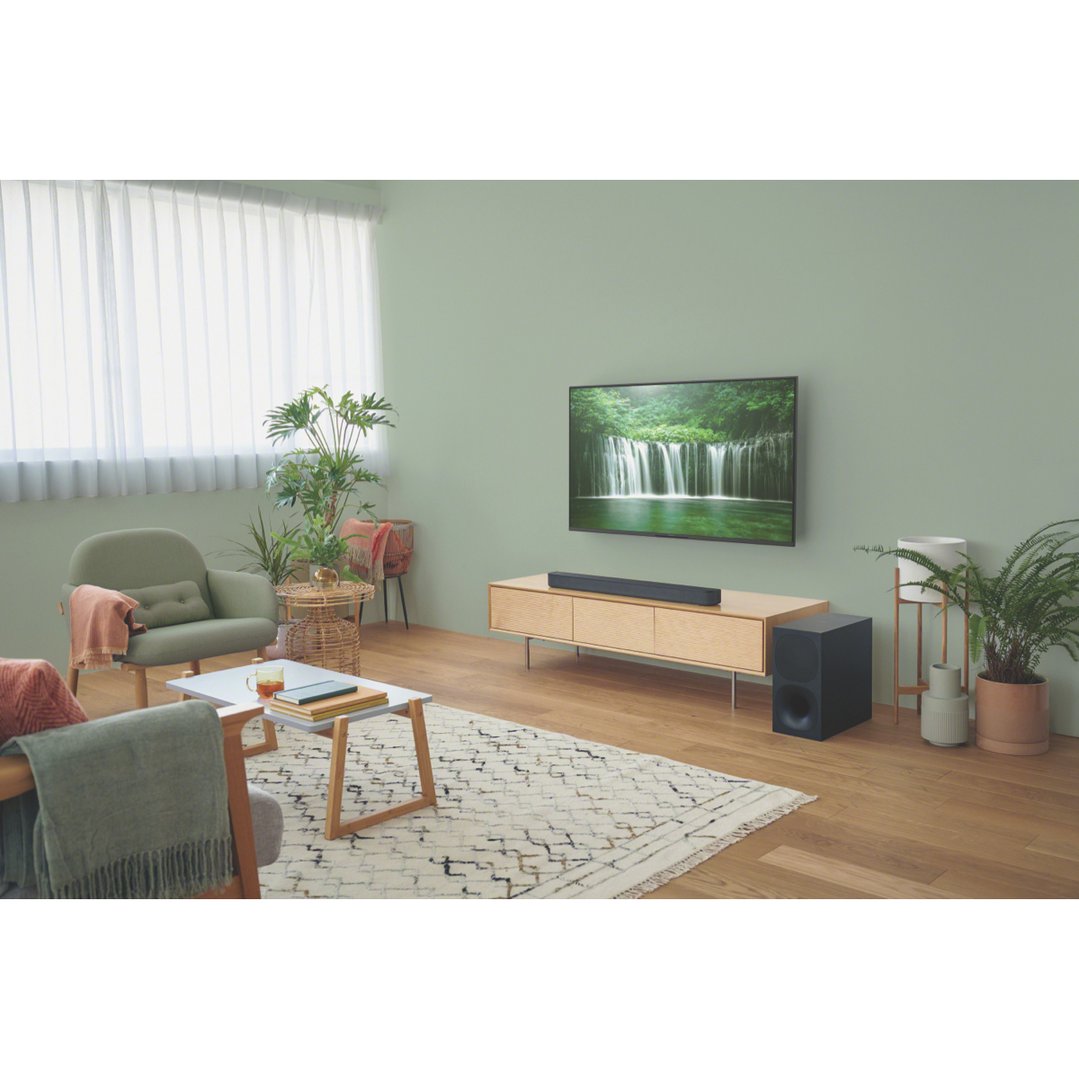 Soundbar and subwoofer in a living room with a TV and plants