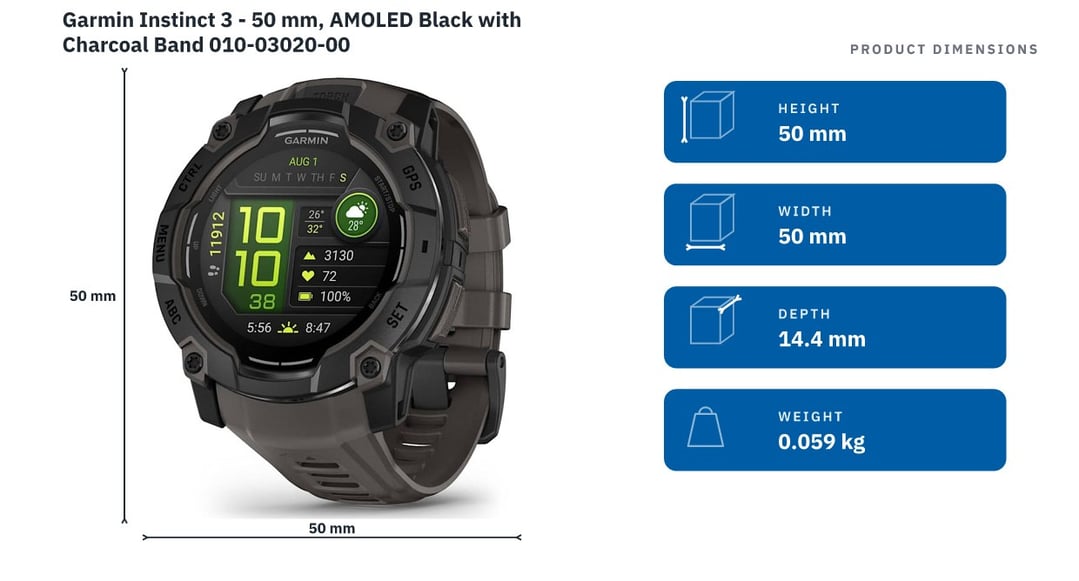 Garmin Instinct 3 - 50 mm, AMOLED Black with Charcoal Band 010-03020-00 — product dimensions