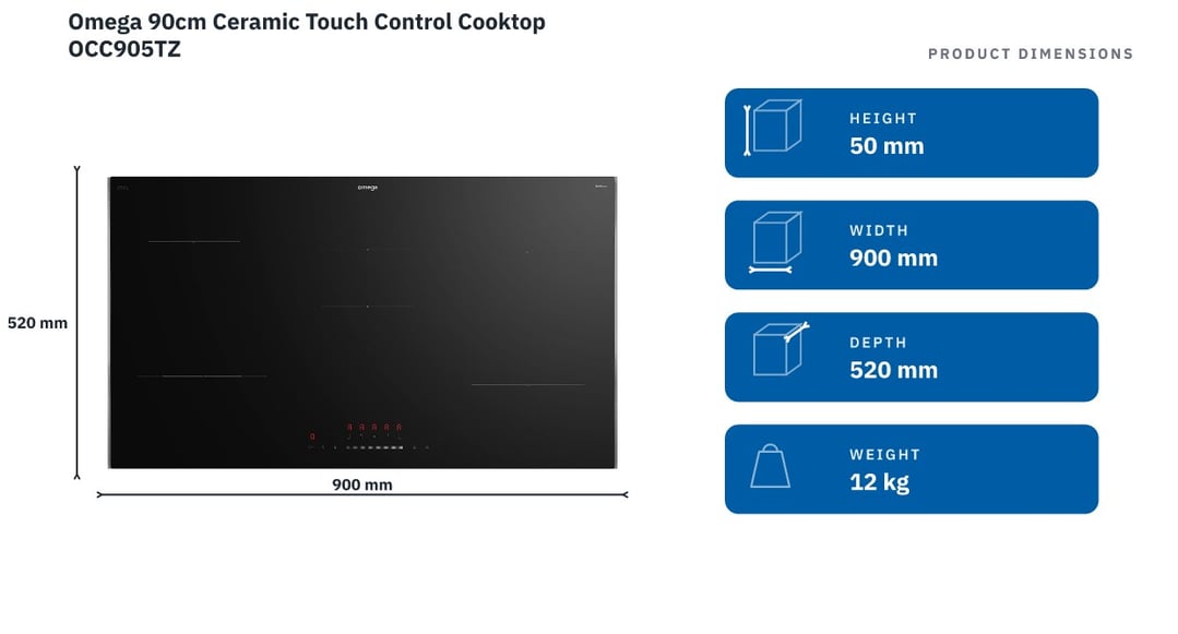 Omega 90cm Ceramic Touch Control Cooktop OCC905TZ — product dimensions