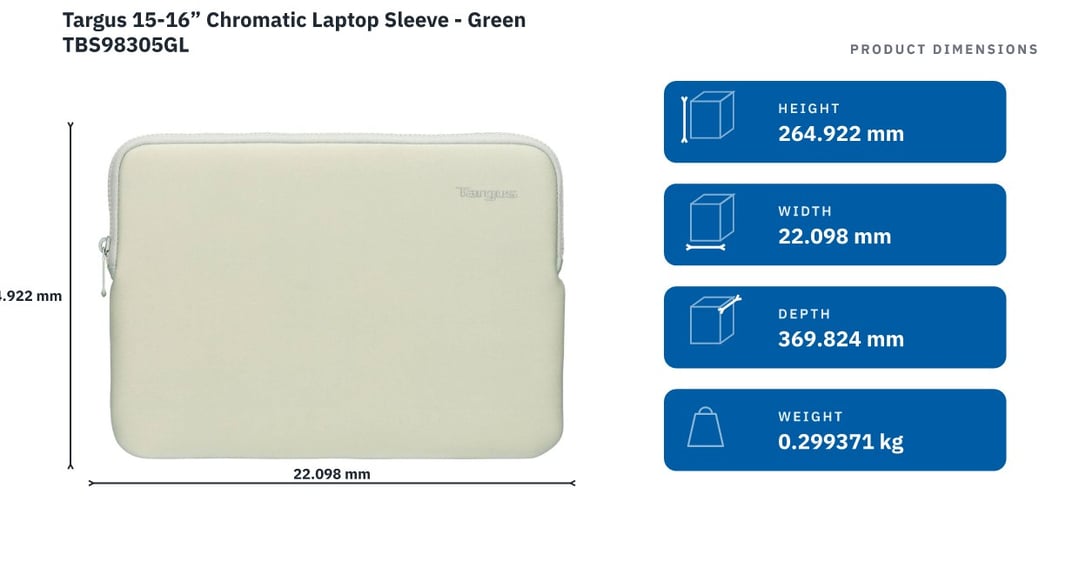 Targus 15-16” Chromatic Laptop Sleeve - Green TBS98305GL — product dimensions