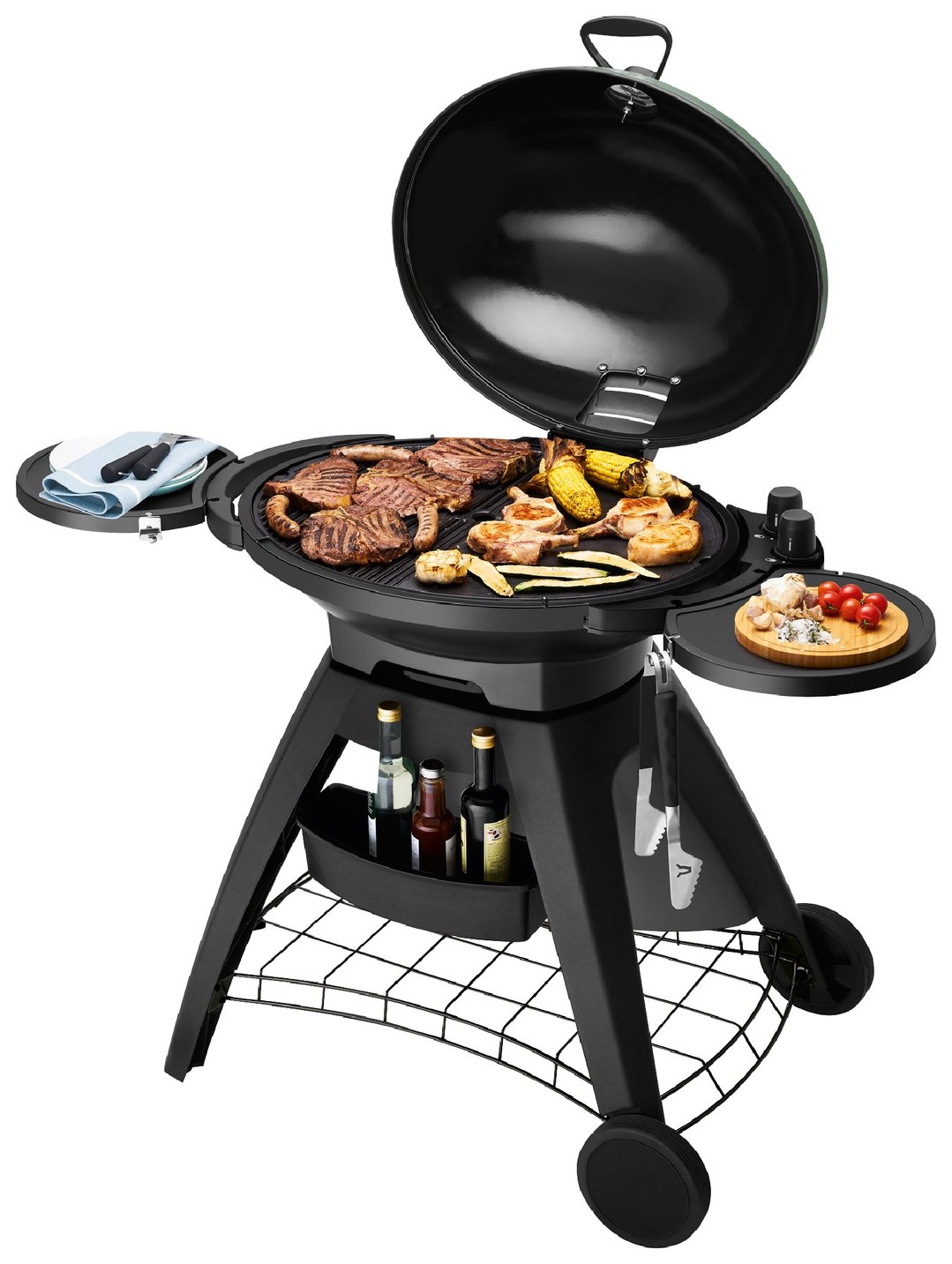 Black barbecue with food cooking on the grill and side tables