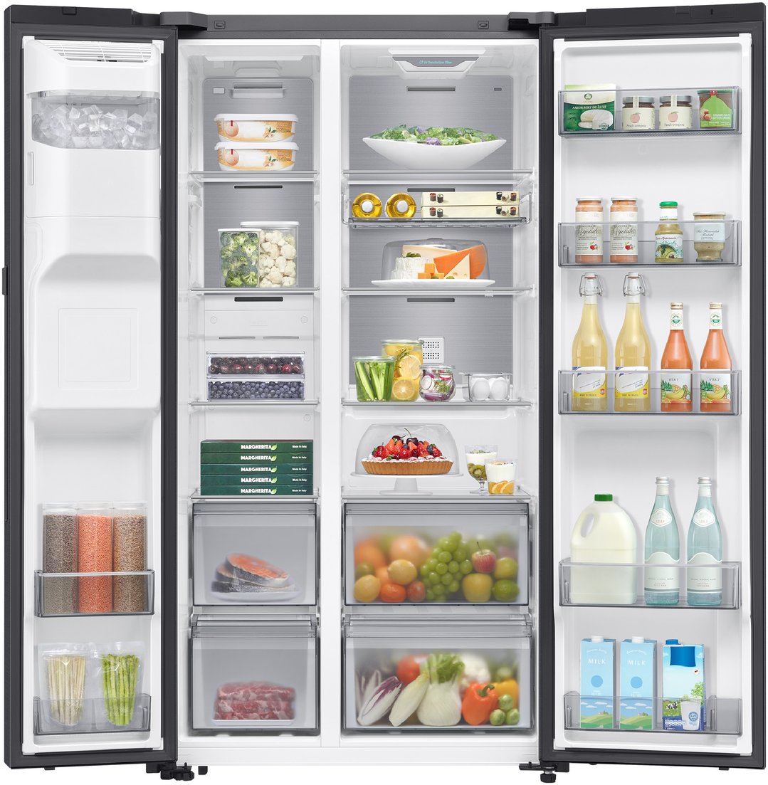 Open SAMSUNG 615L Side-by-Side Refrigerator filled with food and drinks