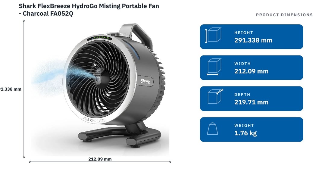 Shark FlexBreeze HydroGo Misting Portable Fan - Charcoal FA052Q — product dimensions
