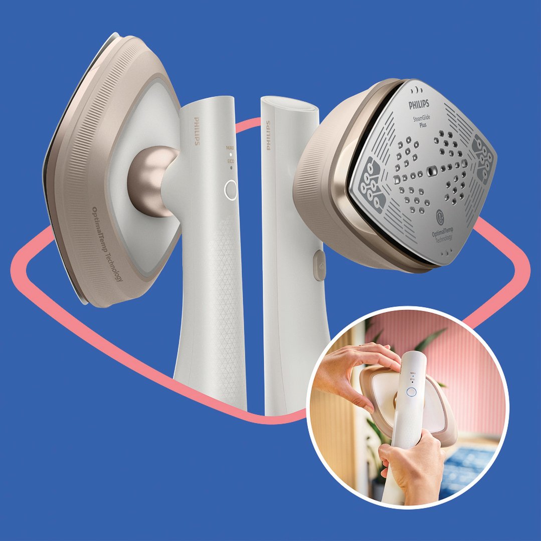 Two Philips OneTurn Hybrid Iron & Steamers with a small inset of hands using it