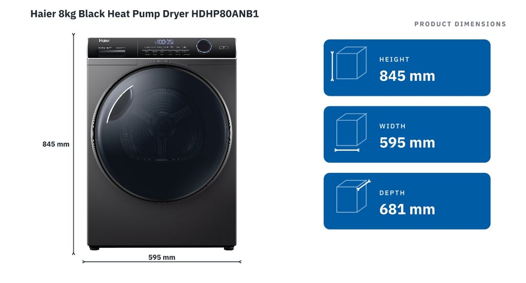 Haier 8kg Black Heat Pump Dryer HDHP80ANB1 — product dimensions