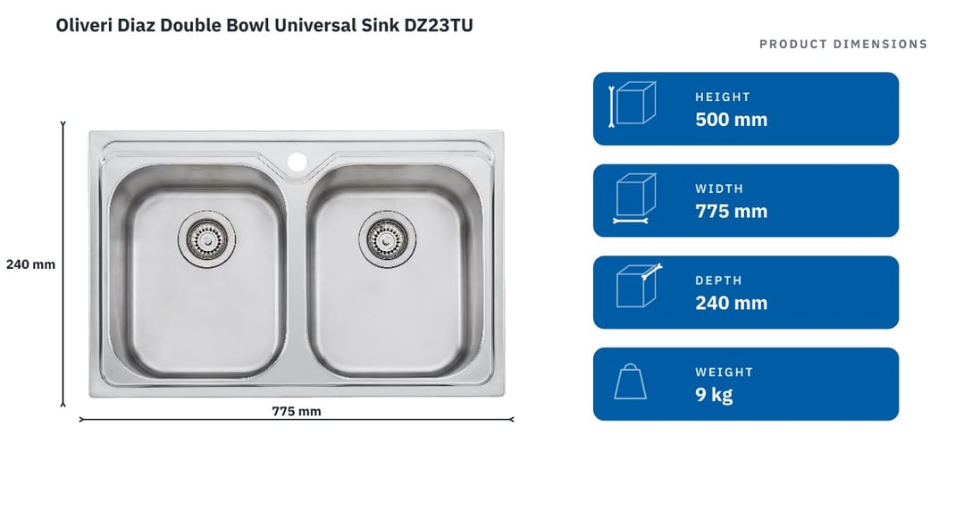 Oliveri Diaz Double Bowl Universal Sink DZ23TU — product dimensions
