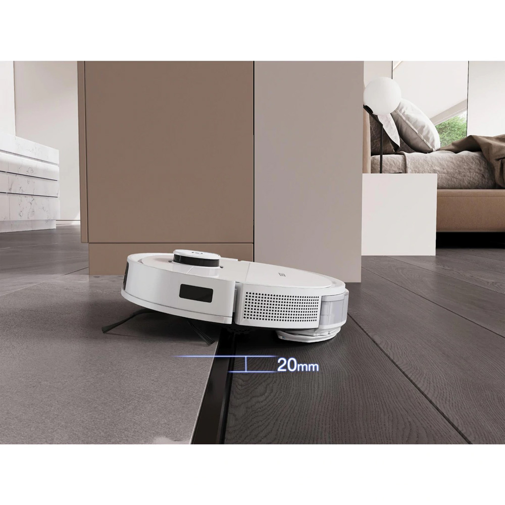 Robot vacuum transitioning from tile to wood floor, showing 20mm obstacle clearance