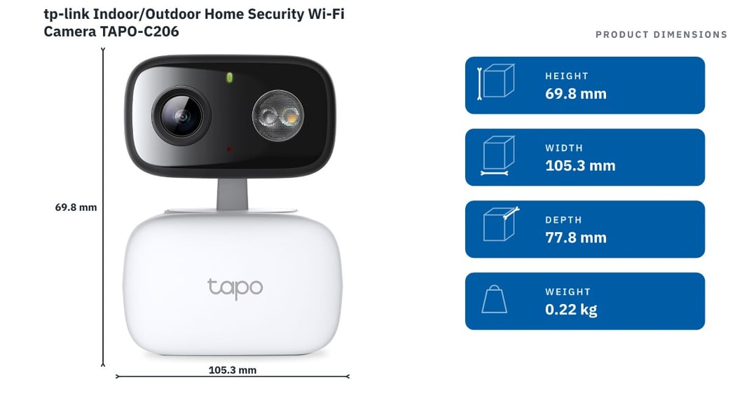 tp-link Indoor/Outdoor Home Security Wi-Fi Camera TAPO-C206 — product dimensions