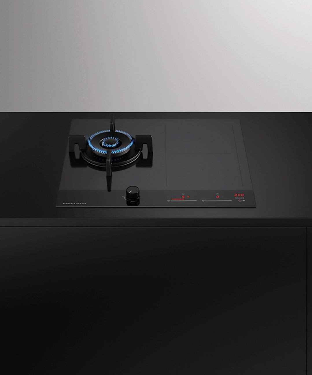 A black hybrid cooktop with a gas burner and electric zones on a dark countertop