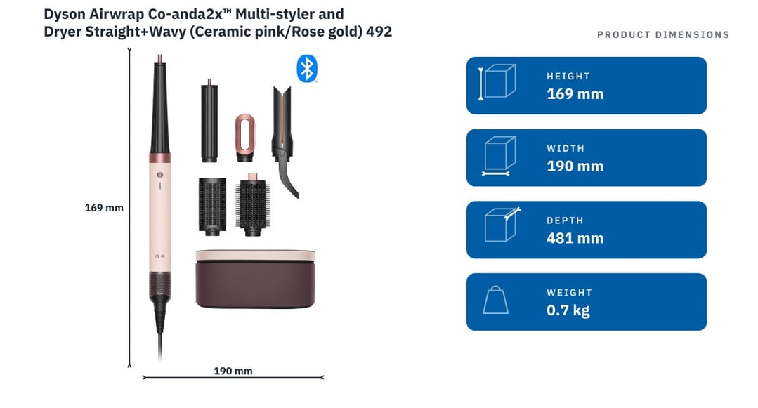 Dyson Airwrap Co-anda2x™ Multi-styler and Dryer Straight+Wavy (Ceramic pink/Rose gold) 492472-01 — product dimensions