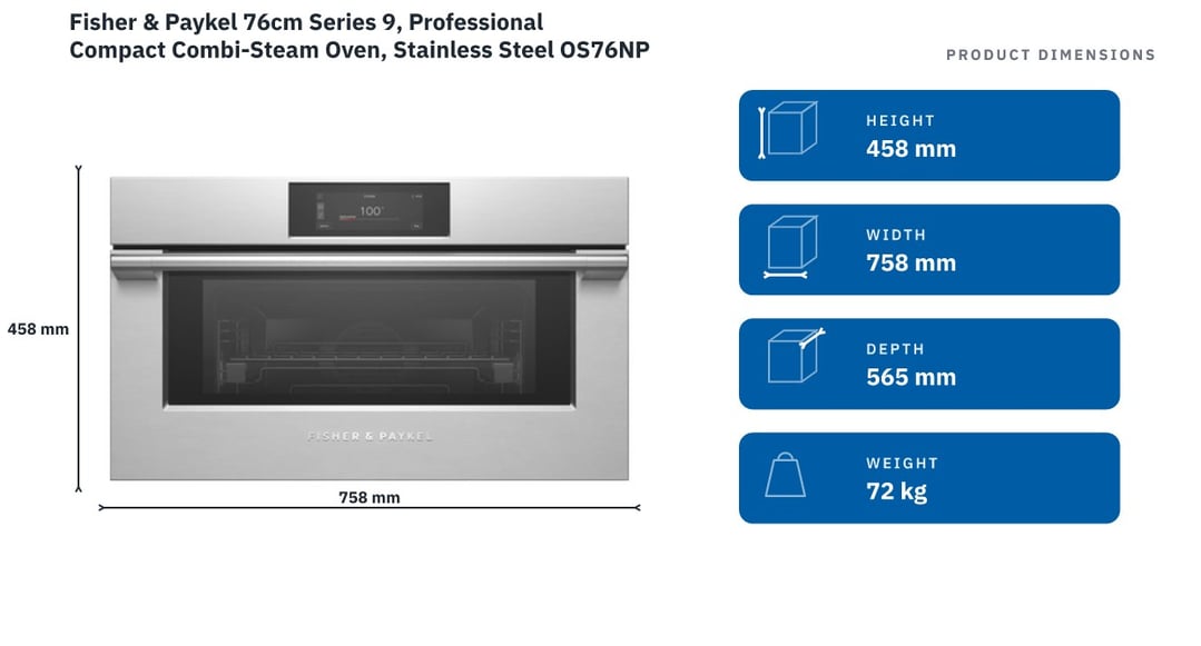 Fisher & Paykel 76cm Series 9, Professional Compact Combi-Steam Oven, Stainless Steel OS76NPUX3 — product dimensions