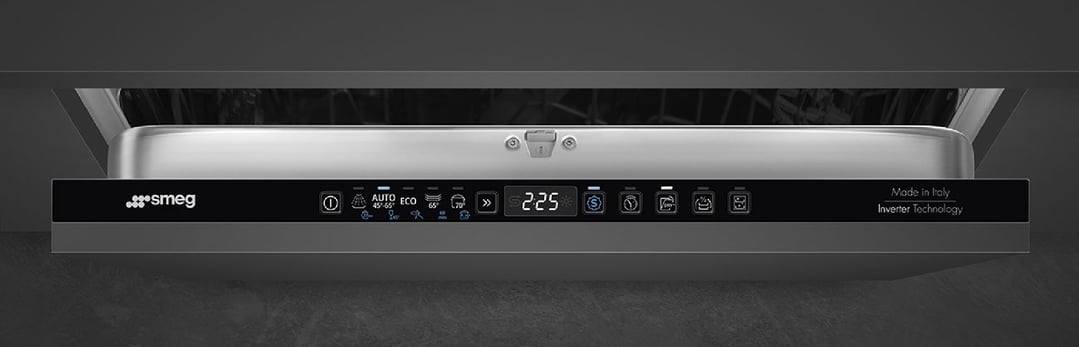 A close-up of a Smeg dishwasher control panel with a digital display