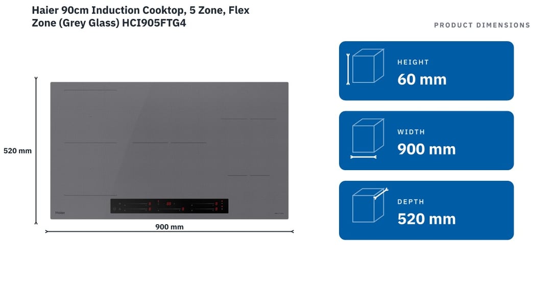 Haier 90cm Induction Cooktop, 5 Zone, Flex Zone (Grey Glass) HCI905FTG4 — product dimensions