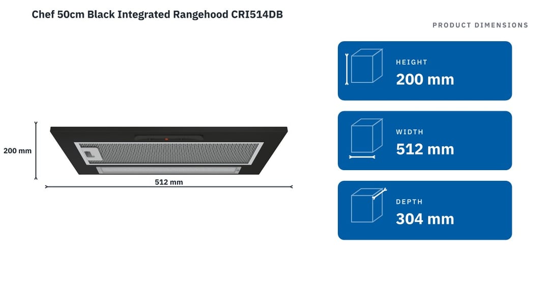 Chef 50cm Black Integrated Rangehood CRI514DB — product dimensions