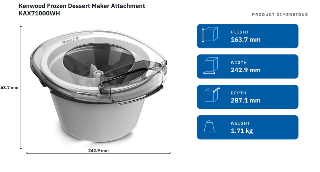 Kenwood Frozen Dessert Maker Attachment KAX71000WH — product dimensions