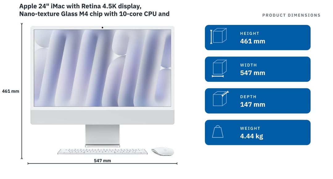 Apple 24" iMac with Retina 4.5K display, Nano-texture Glass M4 chip with 10‑core CPU and 10‑core GPU, 256GB SSD, 16GB - Silver MD3H4X/A — product dimensions