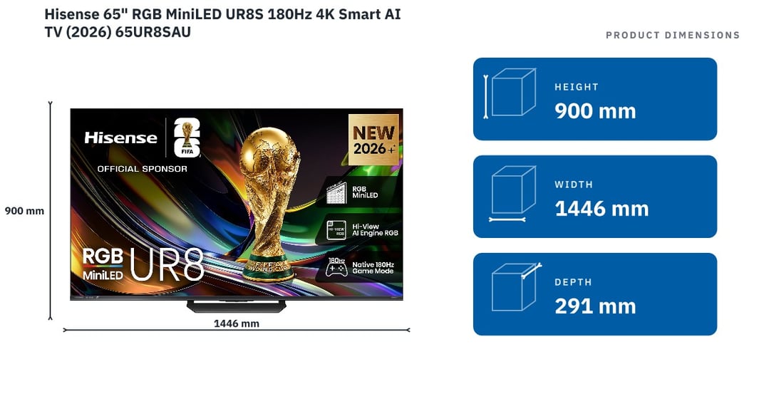 Hisense 65" RGB MiniLED UR8S 180Hz 4K Smart AI TV (2026) 65UR8SAU