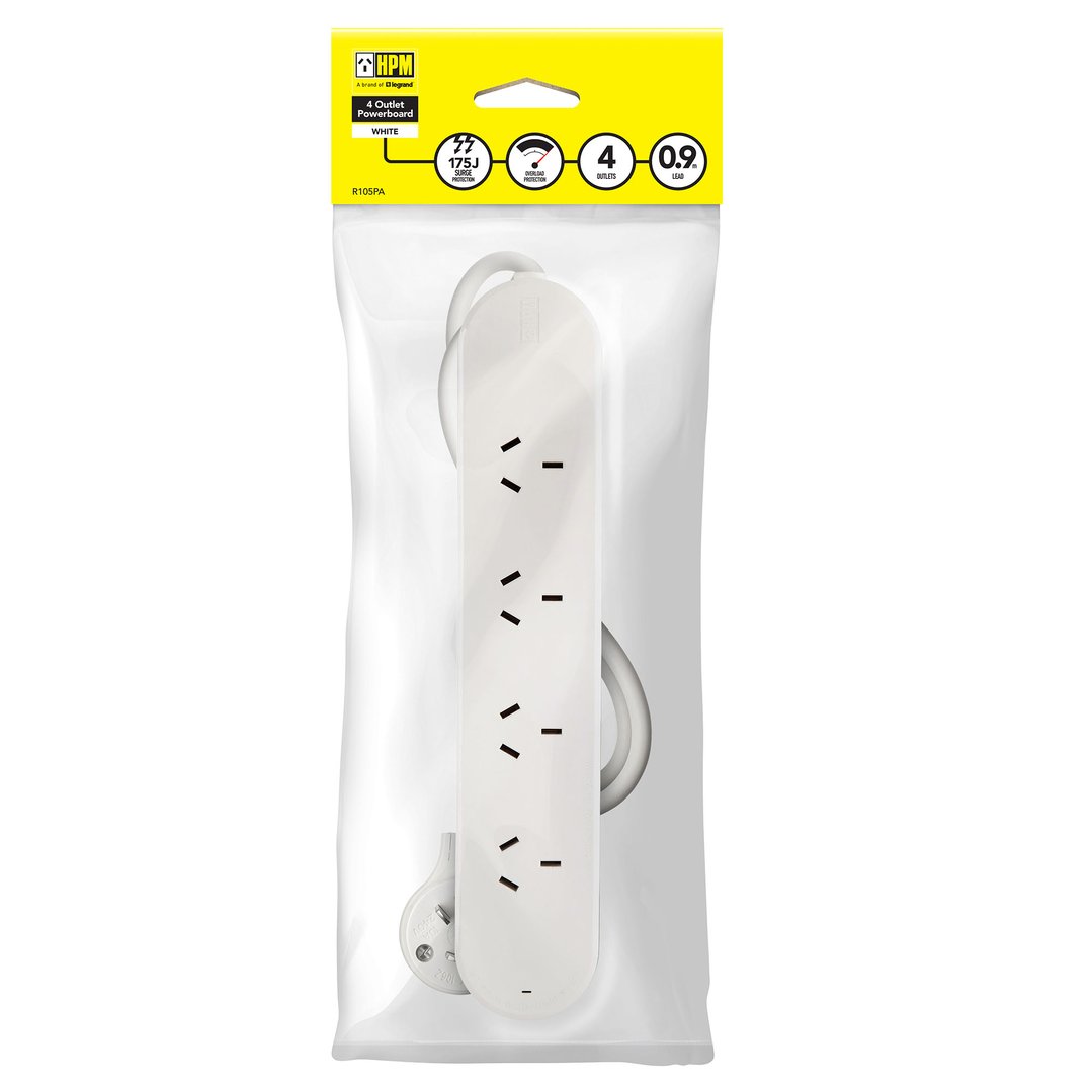 Hpm 4 Outlet Surge Protected powerboard white - 175 Joules R105PA