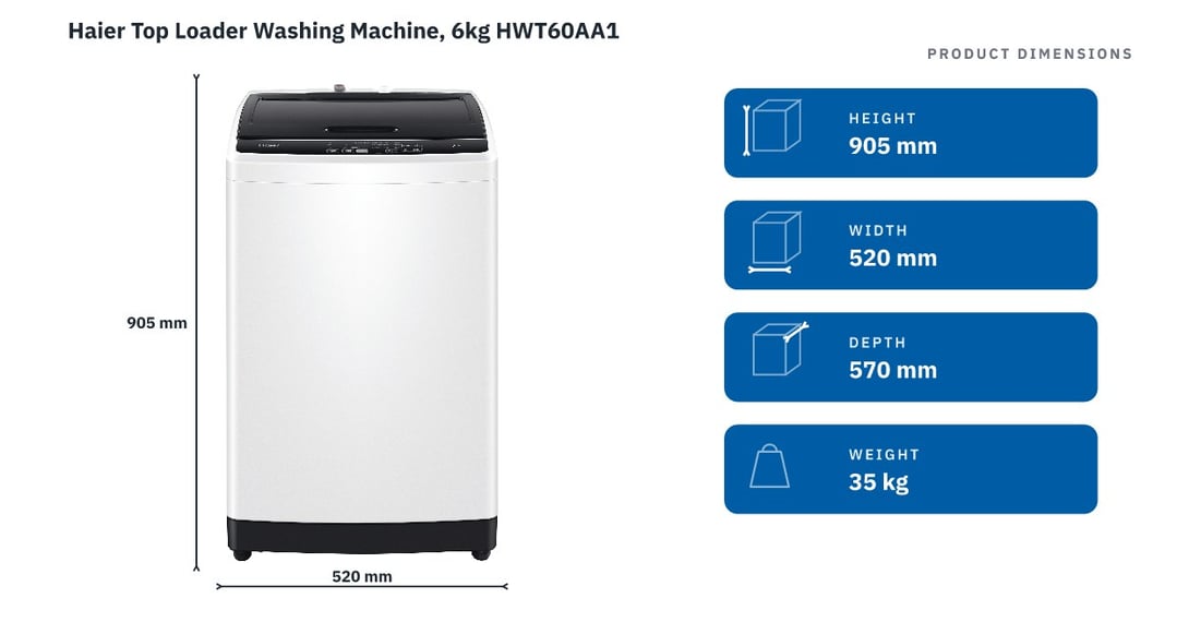 Haier Top Loader Washing Machine, 6kg HWT60AA1 — product dimensions