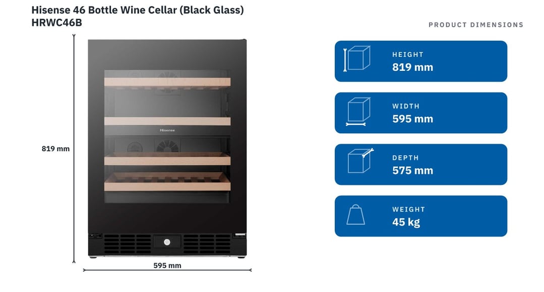Hisense 46 Bottle Wine Cellar (Black Glass) HRWC46B — product dimensions