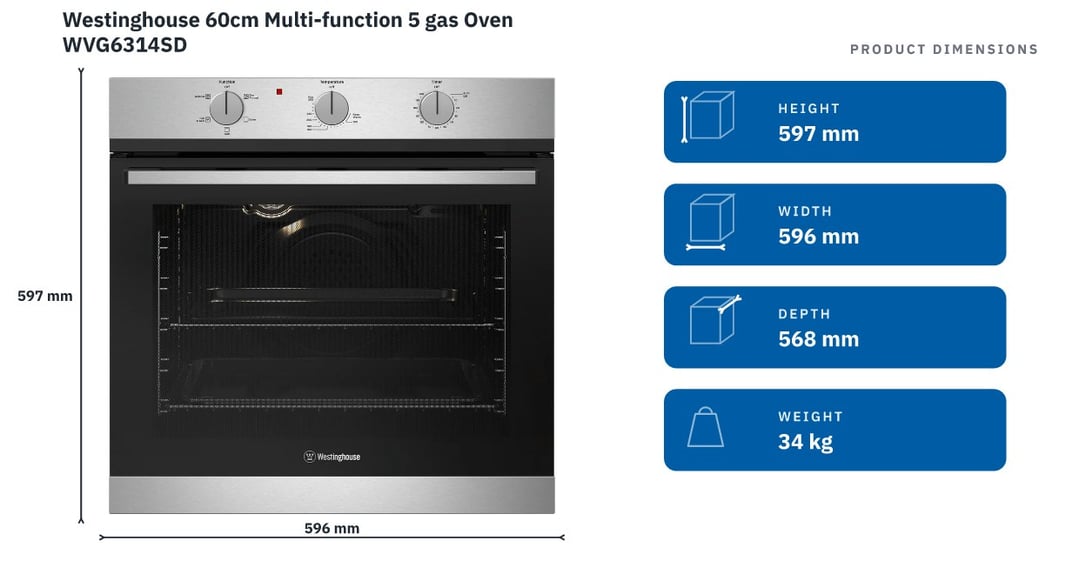 Westinghouse 60cm Multi-function 5 gas Oven WVG6314SD — product dimensions