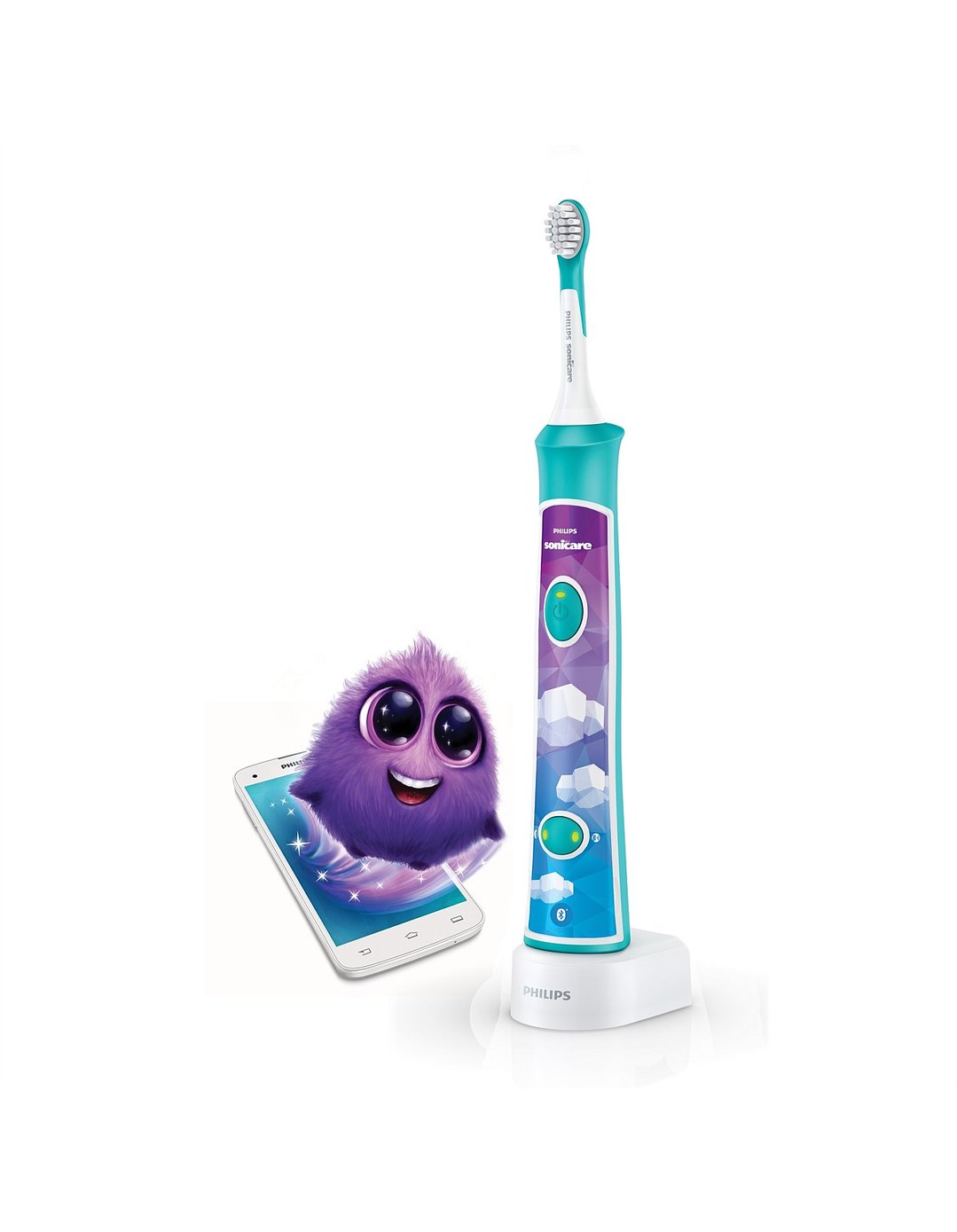 Philips Sonicare for Kids electric toothbrush with a smartphone displaying a purple monster