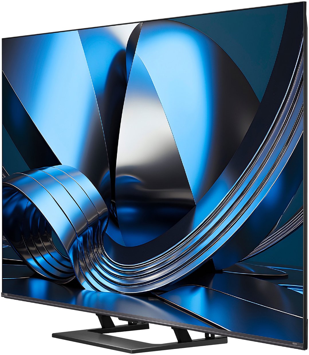 A Hisense TV displaying a blue and silver abstract image on a stand