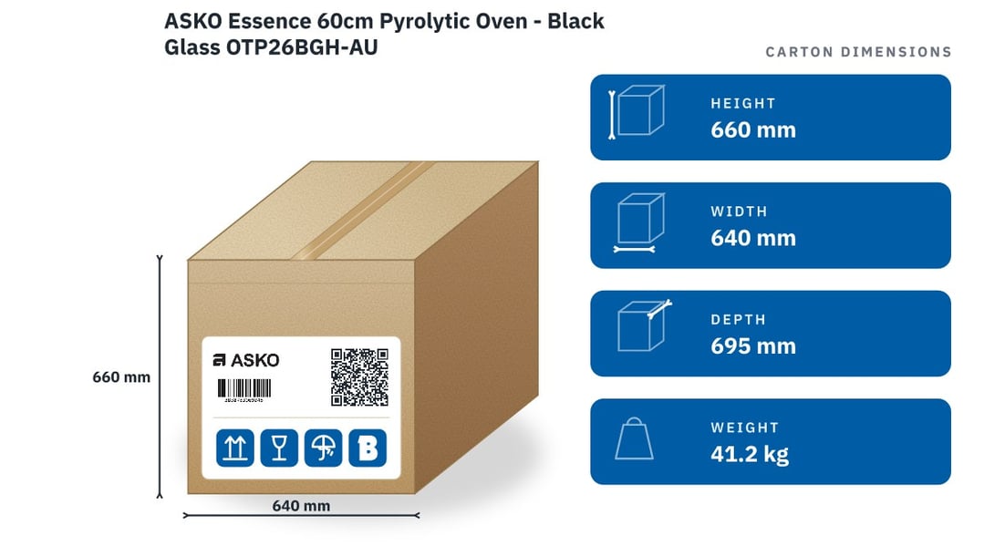 ASKO Essence 60cm Pyrolytic Oven - Black Glass OTP26BGH-AU — packaged dimensions
