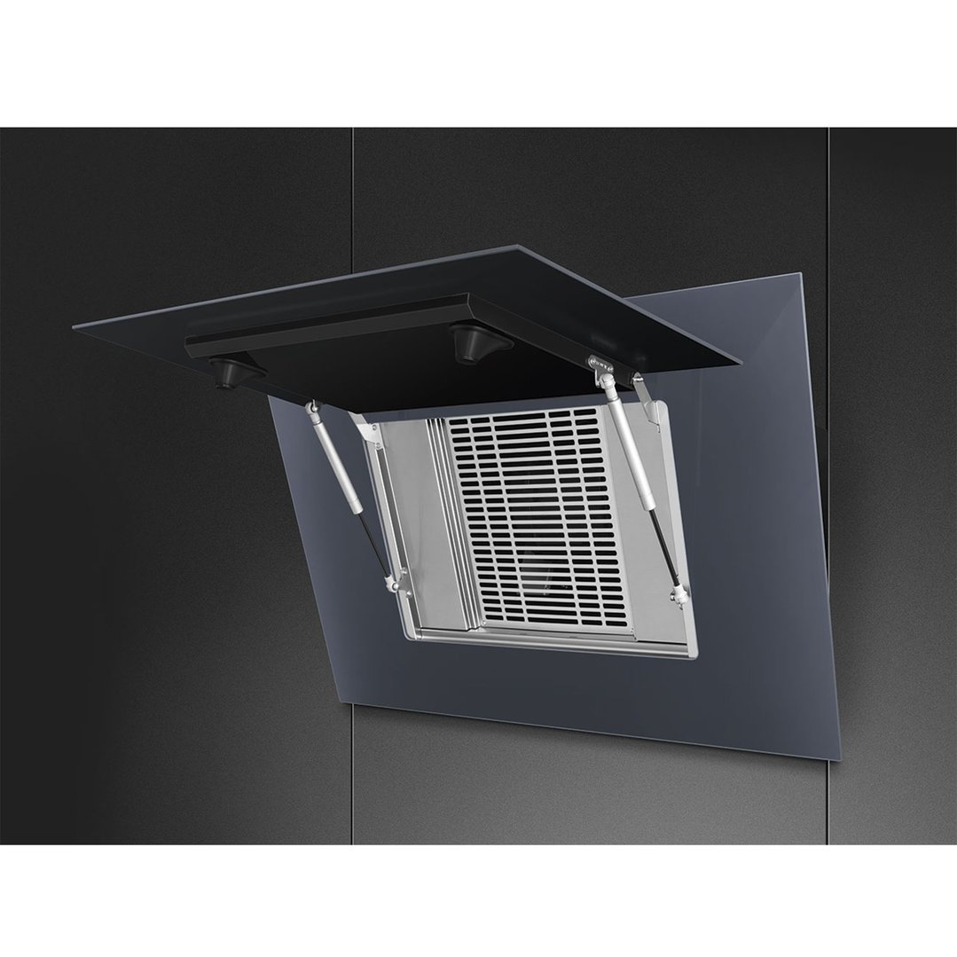 Vertical rangehood with the glass panel open, showing the internal filter