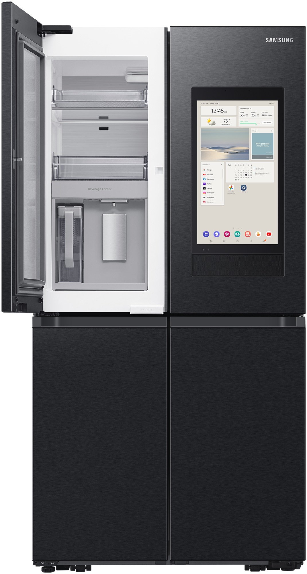 Black Samsung French Door Refrigerator with the top left door open, showing the interior