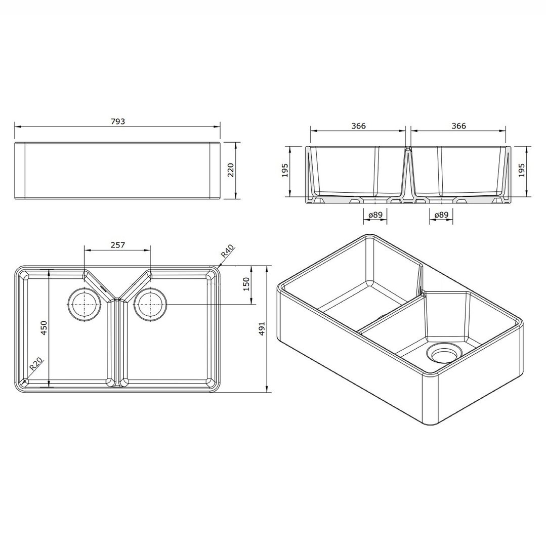 Turner Hastings Chester 80x50 NTH Double Bowl Fireclay Sink - no overflow 7408