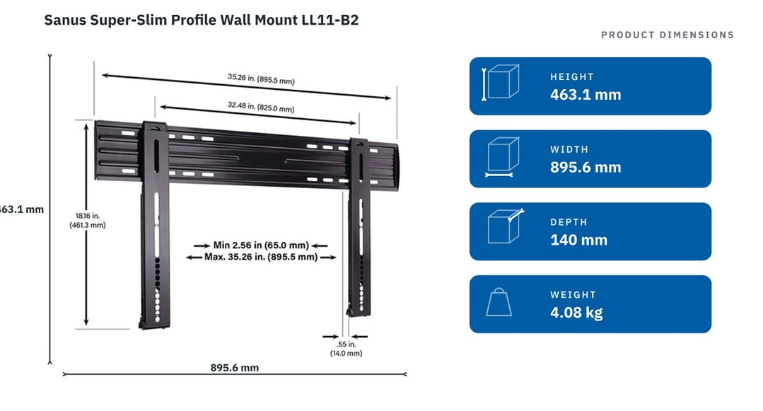 Sanus Super-Slim Profile Wall Mount LL11-B2 — product dimensions