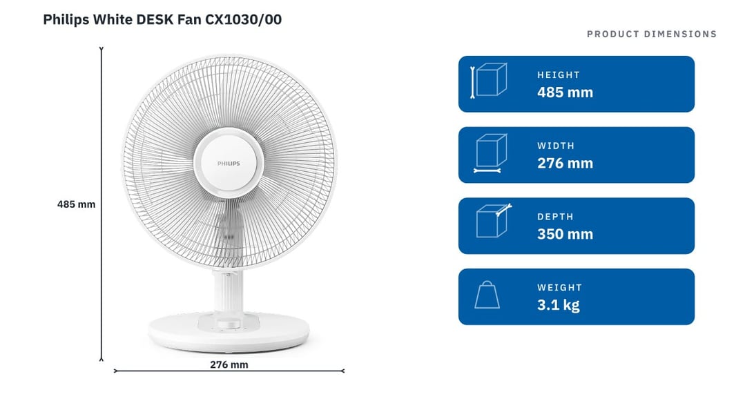 Philips White DESK Fan CX1030/00 — product dimensions
