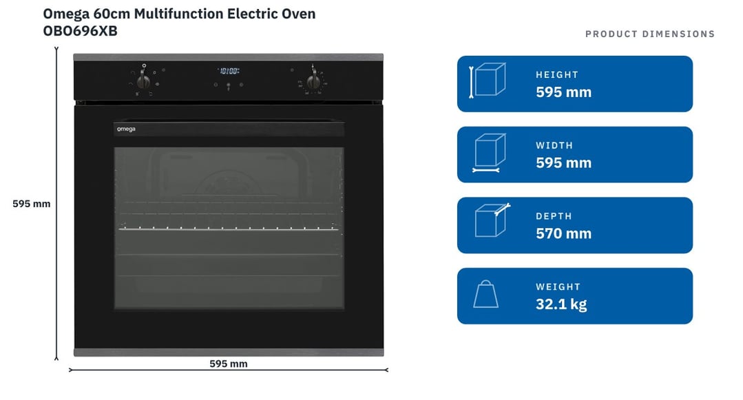Omega 60cm Multifunction Electric Oven OBO696XB — product dimensions
