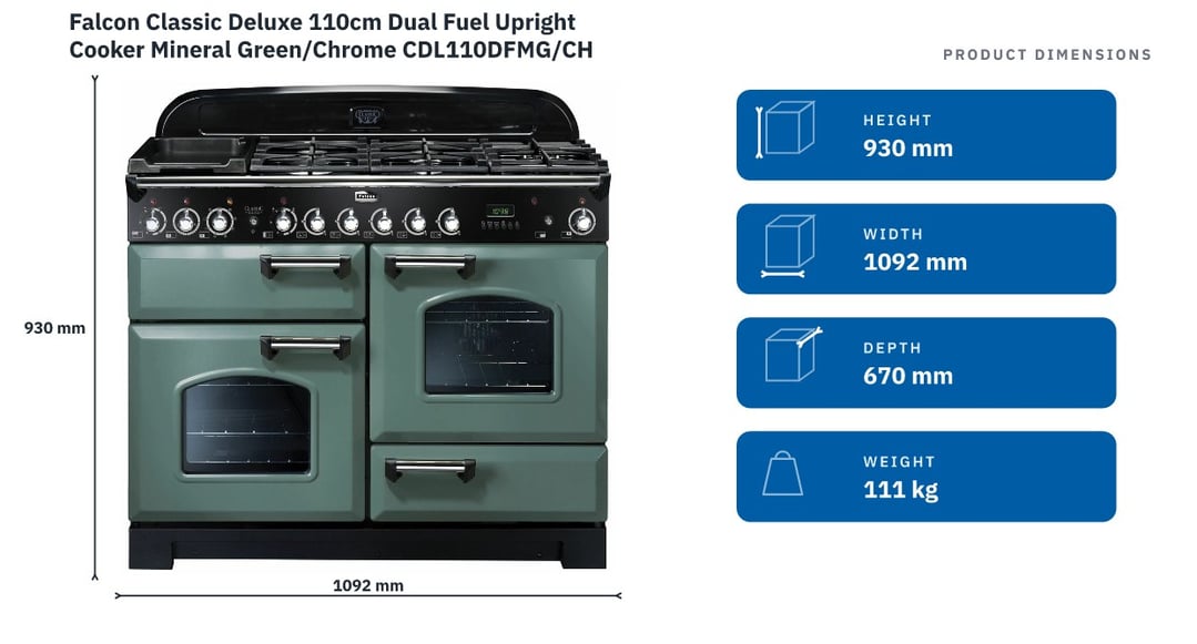 Falcon Classic Deluxe 110cm Dual Fuel Upright Cooker Mineral Green/Chrome CDL110DFMG/CH — product dimensions