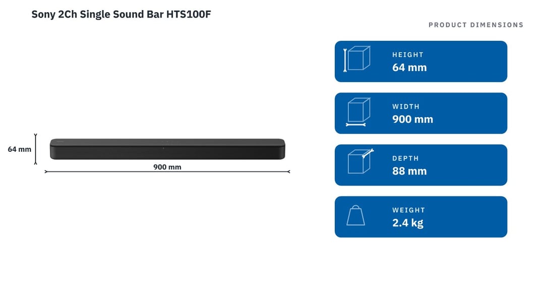 Sony 2Ch Single Sound Bar HTS100F — product dimensions