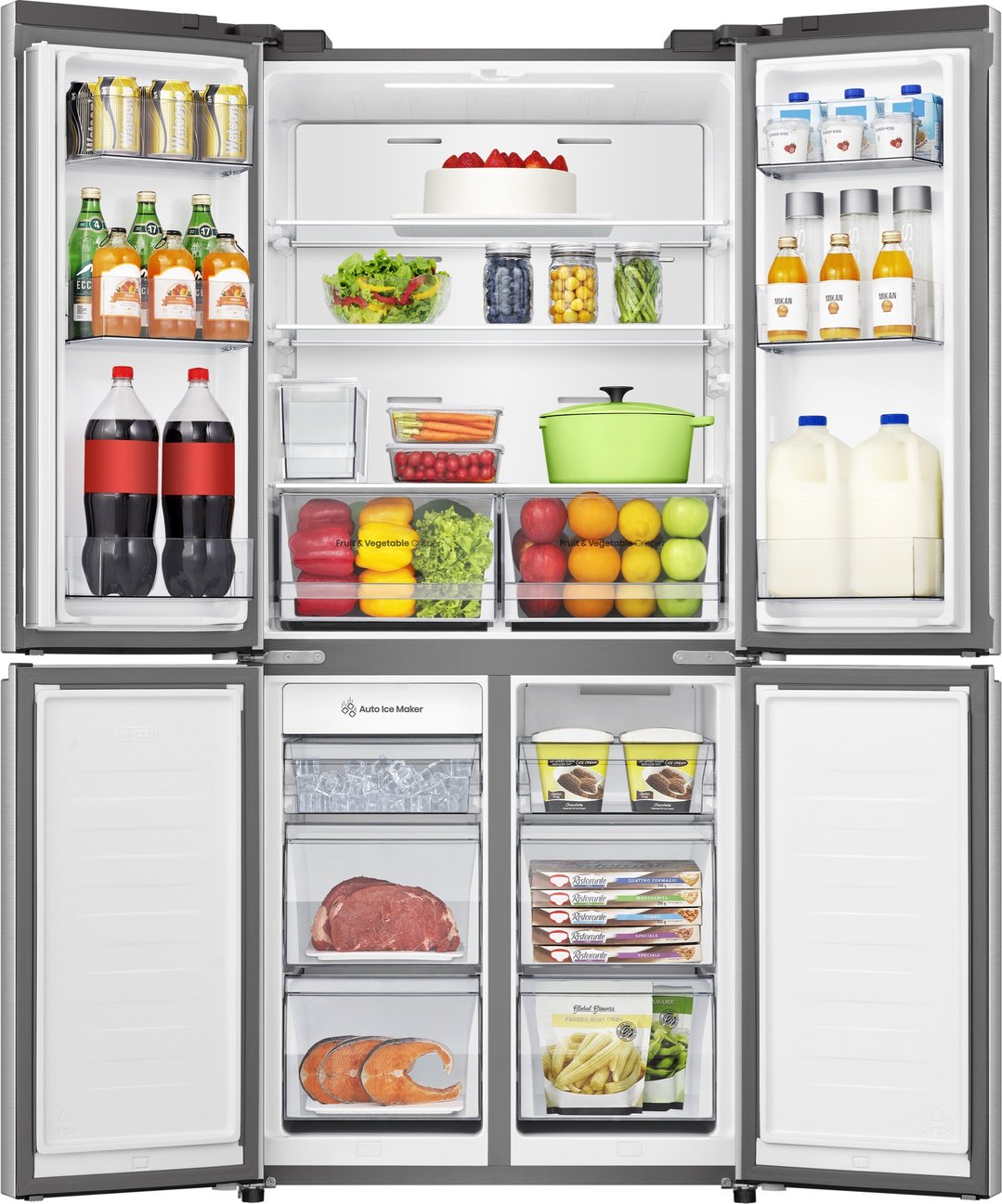 Open Hisense PureFlat Slim French Door Fridge filled with food and drinks