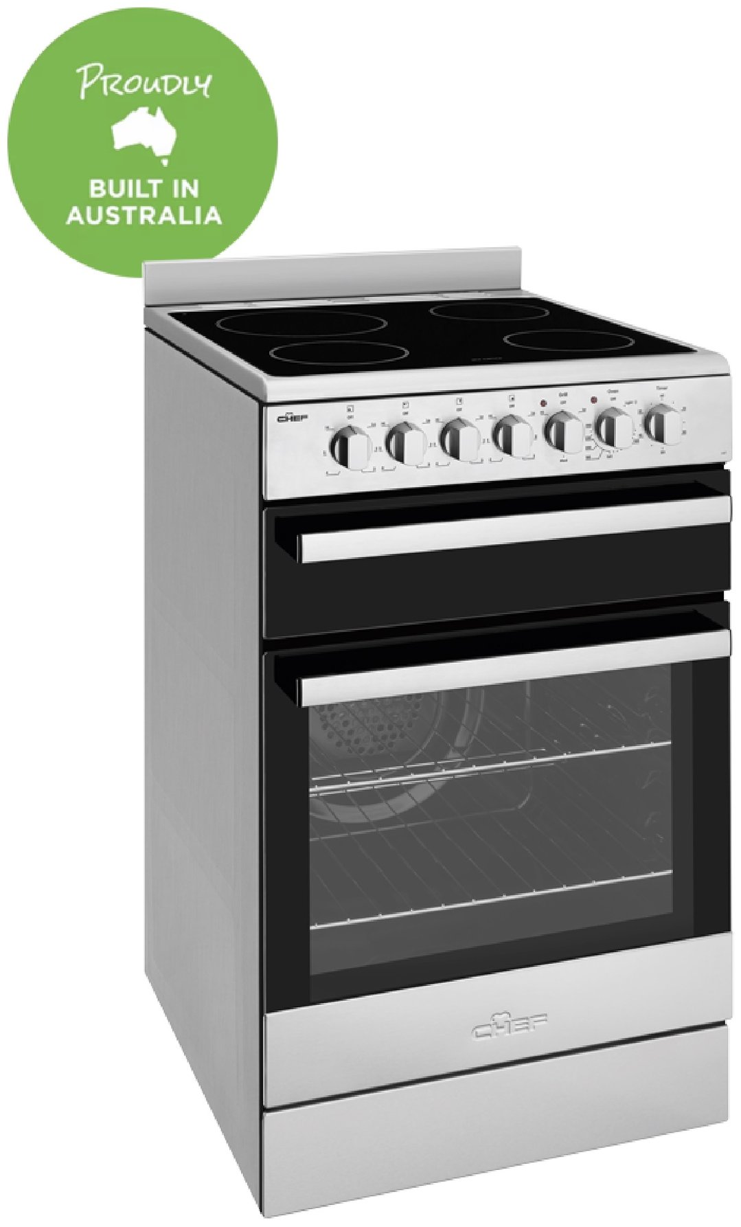 Chef 54cm freestanding cooker with electric cooktop, stainless steel CFE547SBB