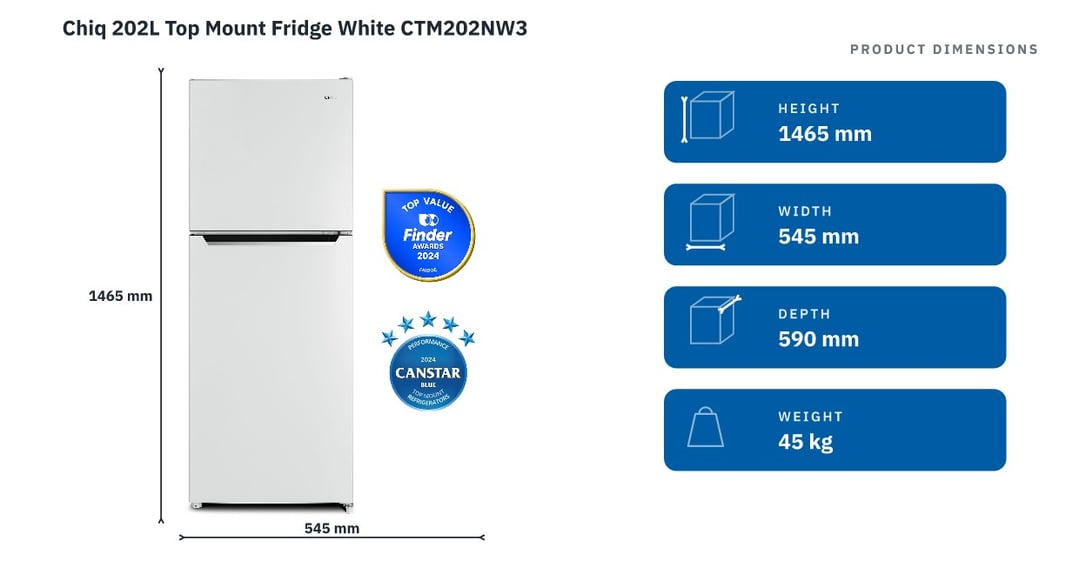 Chiq 202L Top Mount Fridge White CTM202NW3