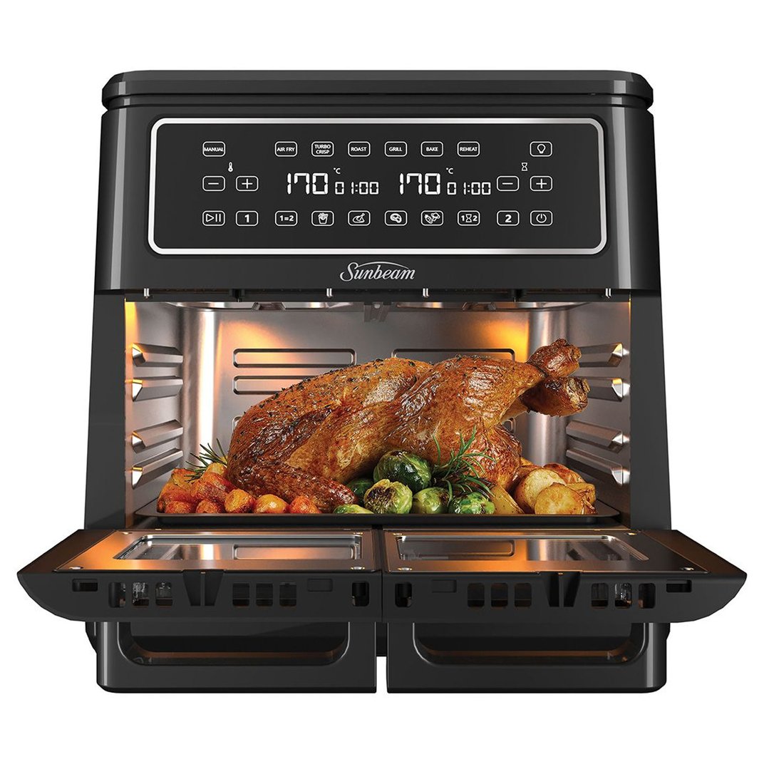 Sunbeam Multi Zone Air Fryer Oven with a roasted turkey and vegetables inside