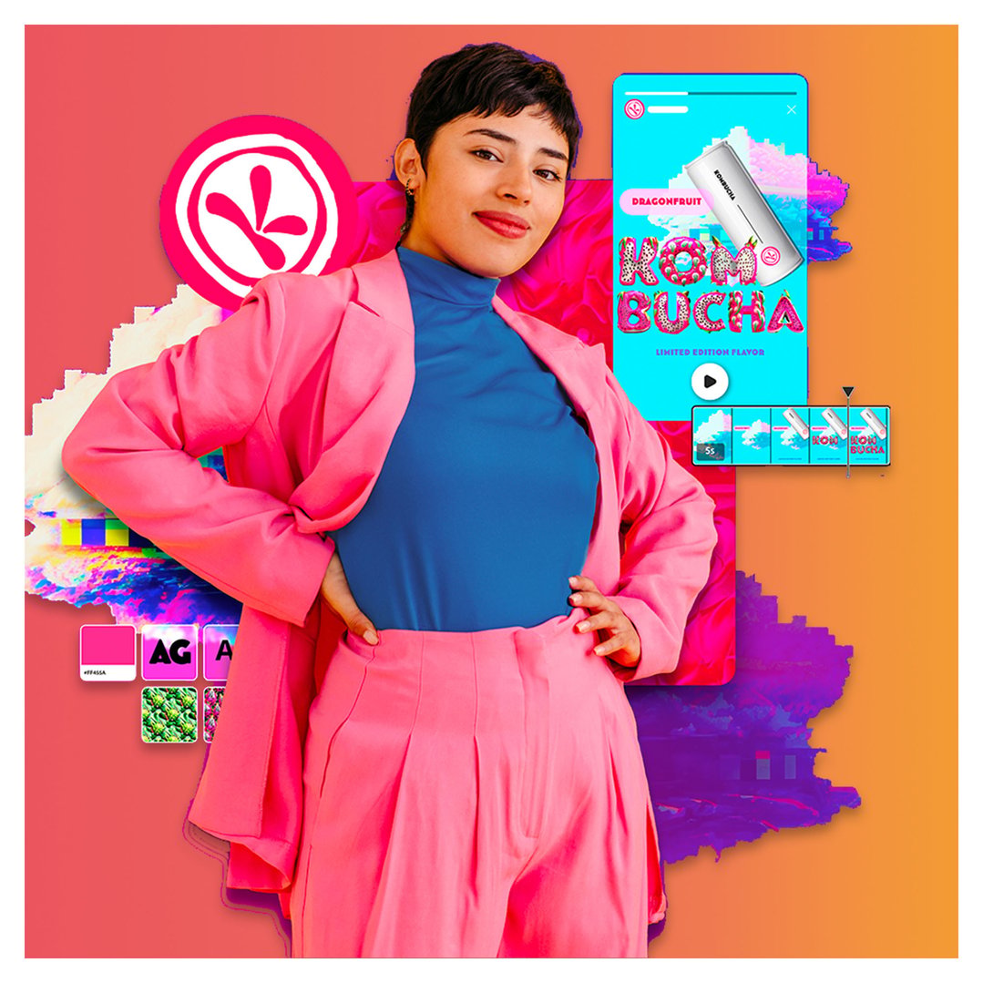 Woman in pink suit and blue top posing with digital art elements