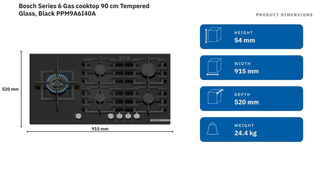 Bosch Series 6 Gas cooktop 90 cm Tempered Glass, Black PPM9A6I40A — product dimensions