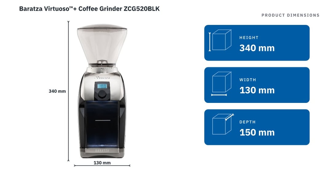 Baratza Virtuoso™+ Coffee Grinder ZCG520BLK — product dimensions