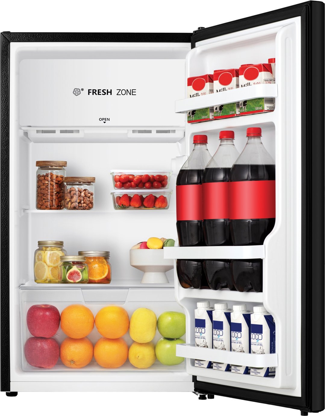 Open black bar fridge filled with food and drinks