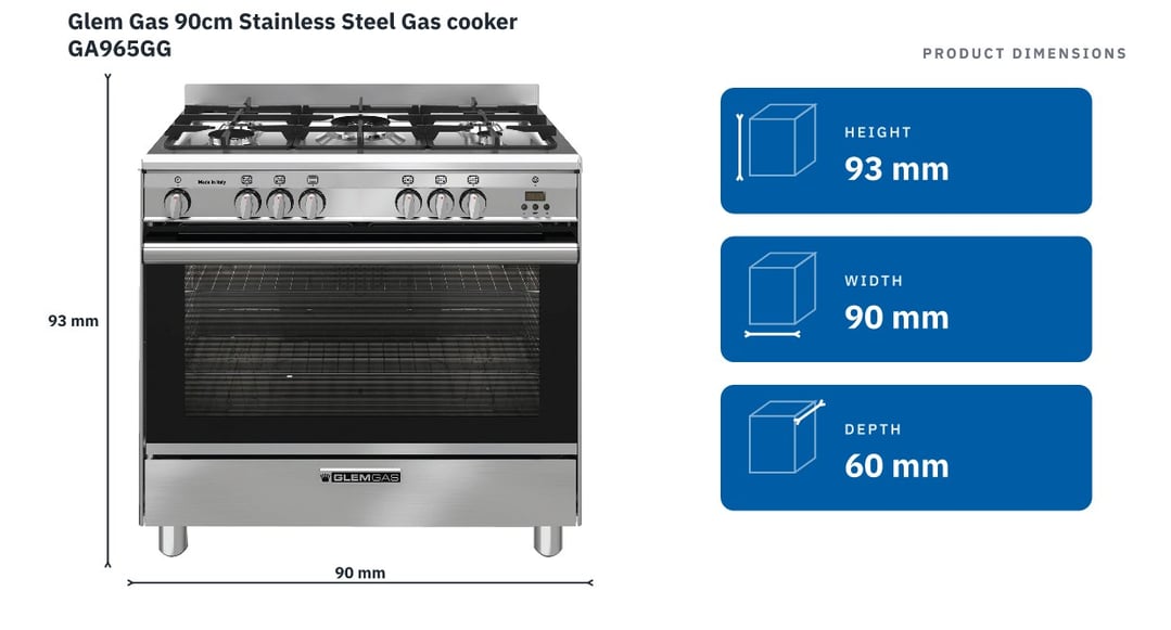 Glem Gas 90cm Stainless Steel Gas cooker GA965GG — product dimensions