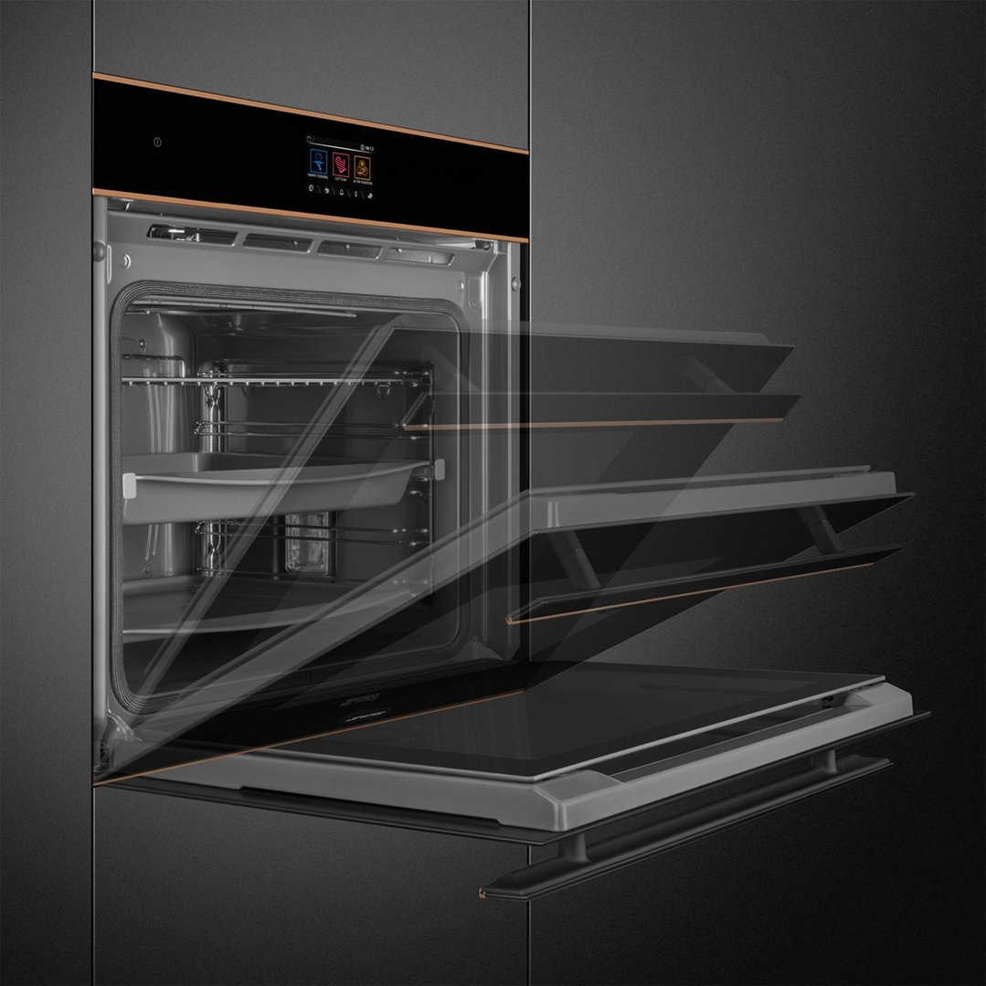 Built-in oven with open door showing multiple glass layers and interior racks