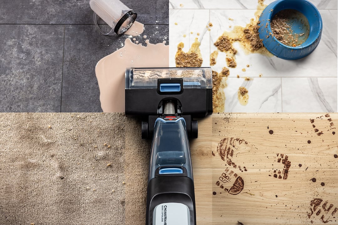 BISSELL handStickVacuum cleaning various messes on different floor types, top-down view