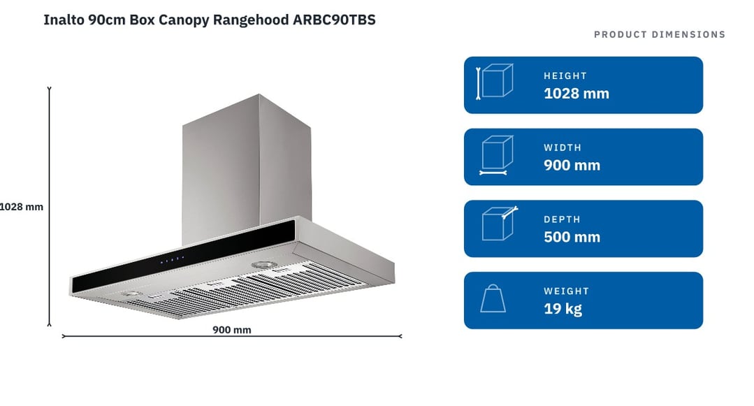 Inalto 90cm Box Canopy Rangehood ARBC90TBS — product dimensions