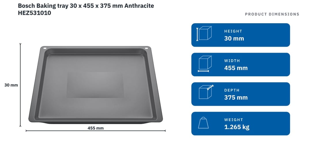 Bosch Baking tray 30 x 455 x 375 mm Anthracite HEZ531010 — product dimensions
