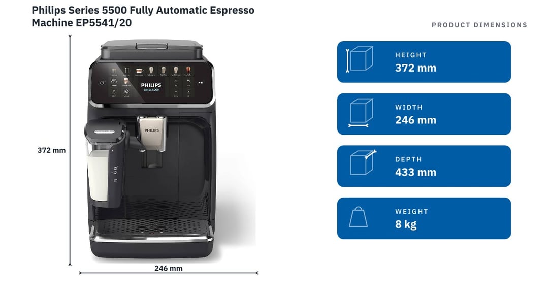 Philips Series 5500 Fully Automatic Espresso Machine EP5541/20 — product dimensions